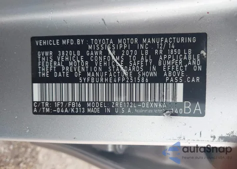 2015 Toyota Corolla Le из США, поврежденный, VIN 5YFBURHE4FP251586